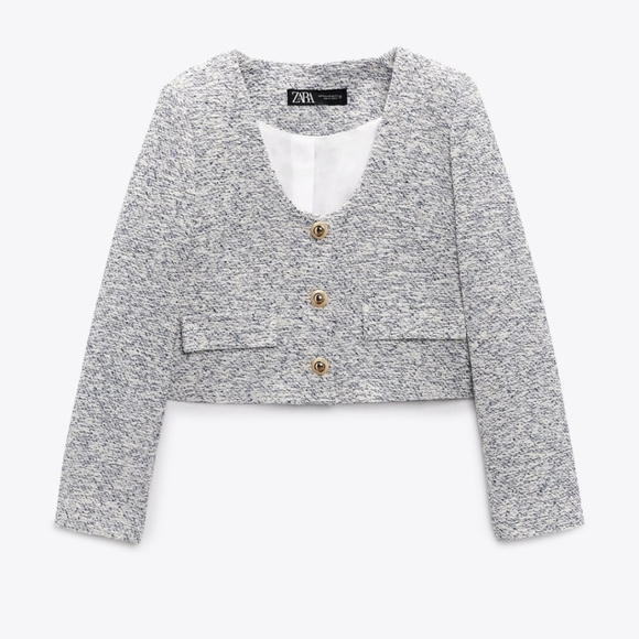 Gold Button Textured Blazer Ecru Blue Zara XS - Picture 4 of 8
